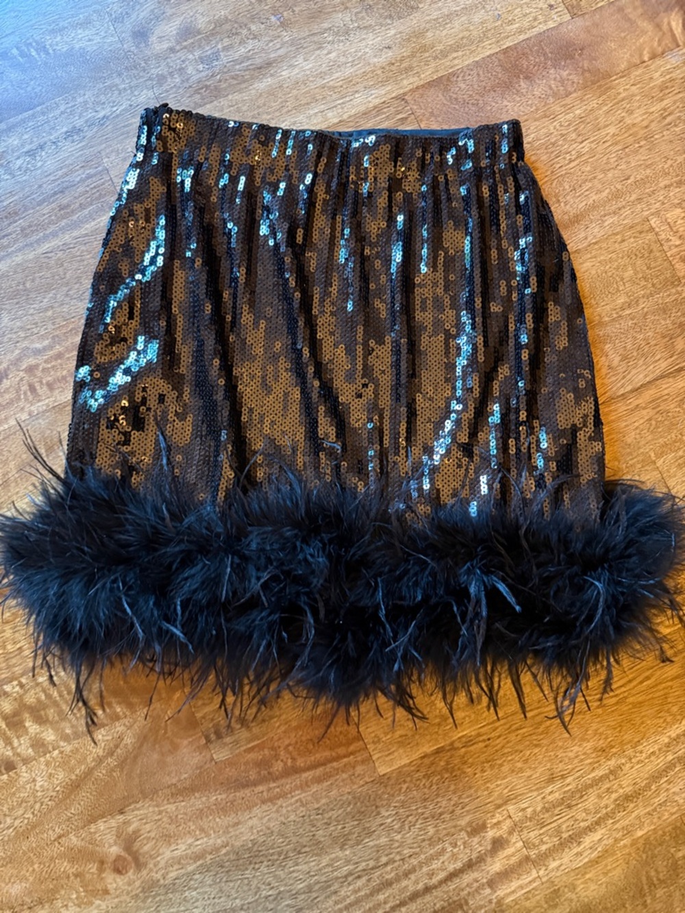 Judith March Black Sequin Mini Skirt with Feather Hem